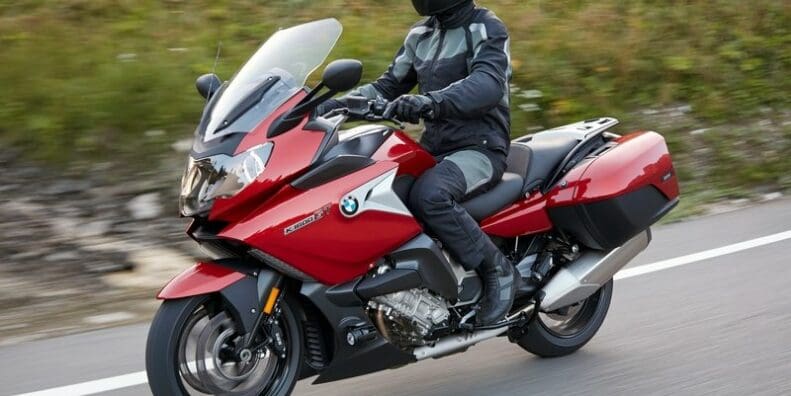 A side view of a 2019 BMW K 1600 GT on the road
