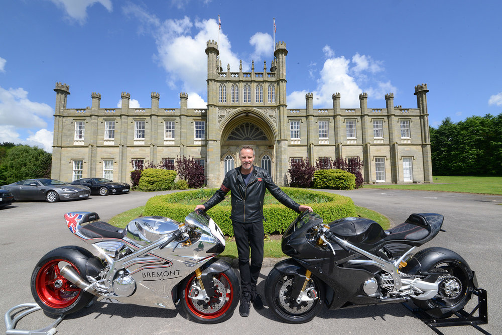 A view of Stuart Garner with his machines that he created with Norton Motorcycles