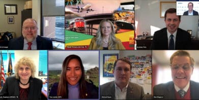 A screen shot of a video conference call involving U.S. Secretary of Transportation Pete Buttigieg (top right), AMA President Rob Dingman (bottom right), AMA Director of Government Relations Mike Sayre (bottom row, second from right), and others. Photo courtesy AMA.