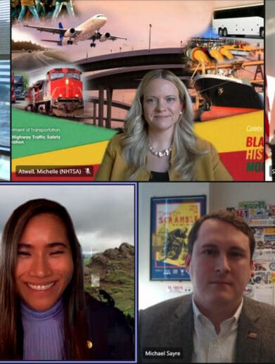 A screen shot of a video conference call involving U.S. Secretary of Transportation Pete Buttigieg (top right), AMA President Rob Dingman (bottom right), AMA Director of Government Relations Mike Sayre (bottom row, second from right), and others. Photo courtesy AMA.