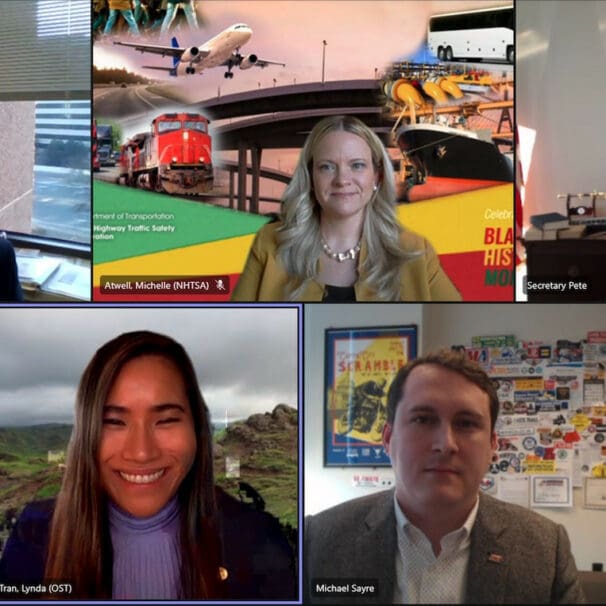 A screen shot of a video conference call involving U.S. Secretary of Transportation Pete Buttigieg (top right), AMA President Rob Dingman (bottom right), AMA Director of Government Relations Mike Sayre (bottom row, second from right), and others. Photo courtesy AMA.