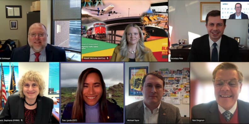 A screen shot of a video conference call involving U.S. Secretary of Transportation Pete Buttigieg (top right), AMA President Rob Dingman (bottom right), AMA Director of Government Relations Mike Sayre (bottom row, second from right), and others. Photo courtesy AMA.