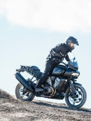 Image of a rider on a Pan America riding down an incline