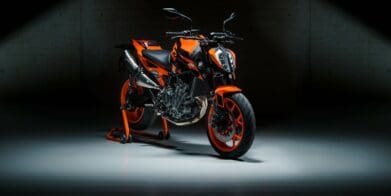 A studio shot of the KTM 890 Duke GP