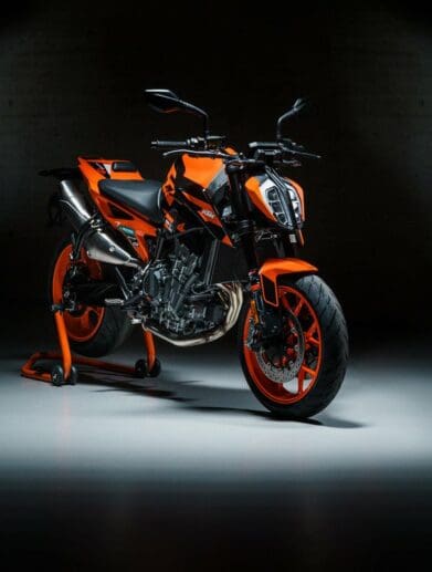 A studio shot of the KTM 890 Duke GP
