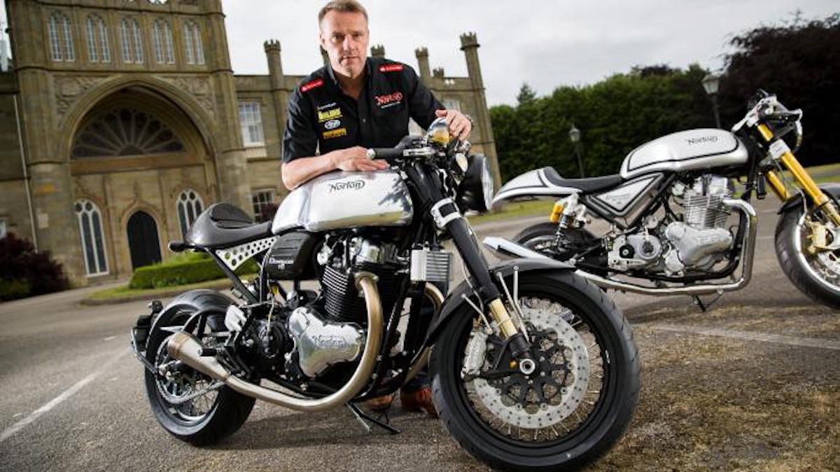 A view of Stuart Garner with his machines that he created with Norton Motorcycles