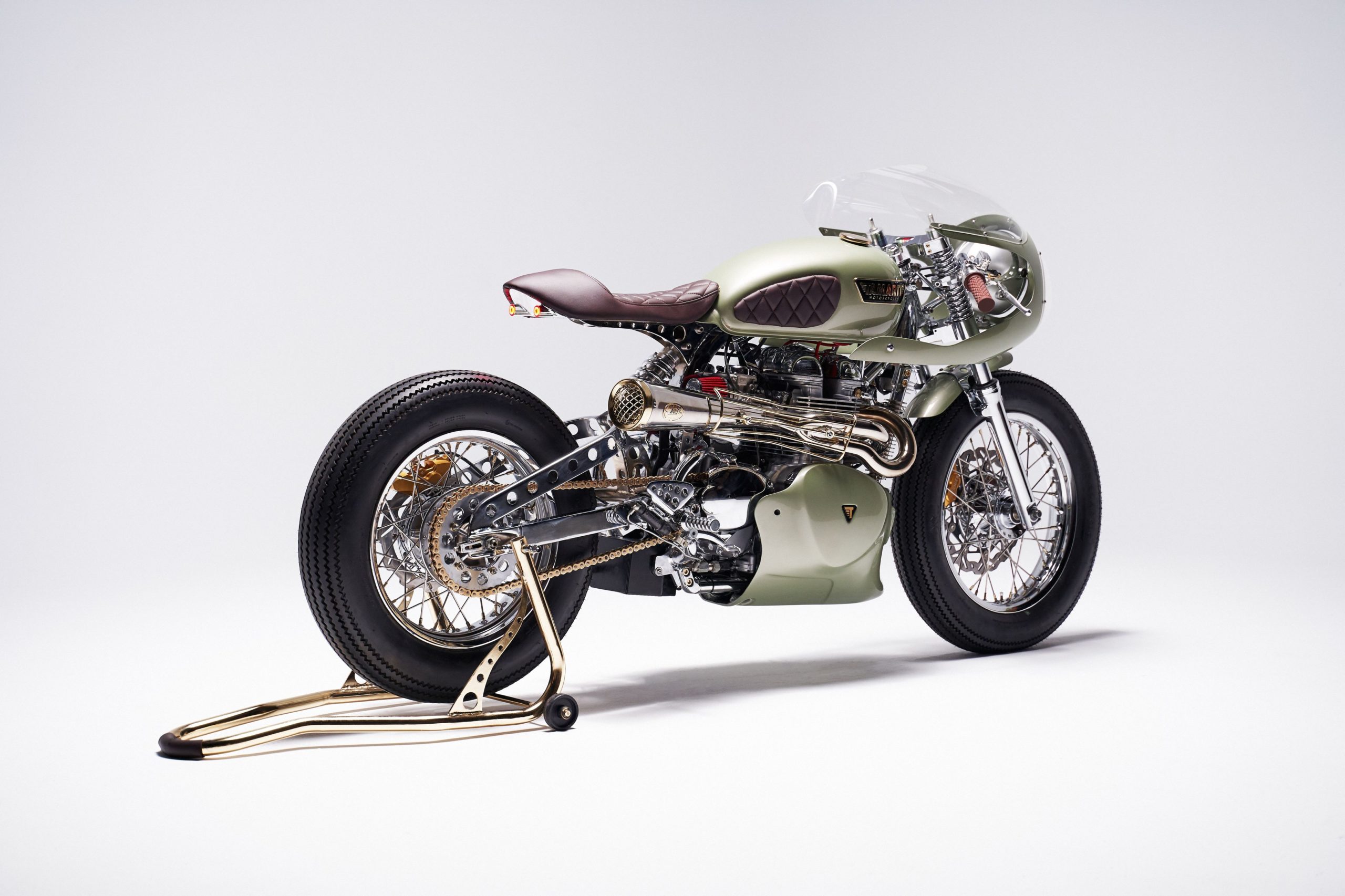 A view of the Jewell-Laden Triumph Tamarit's Jade custom motorcycle, created specifically for the auction
