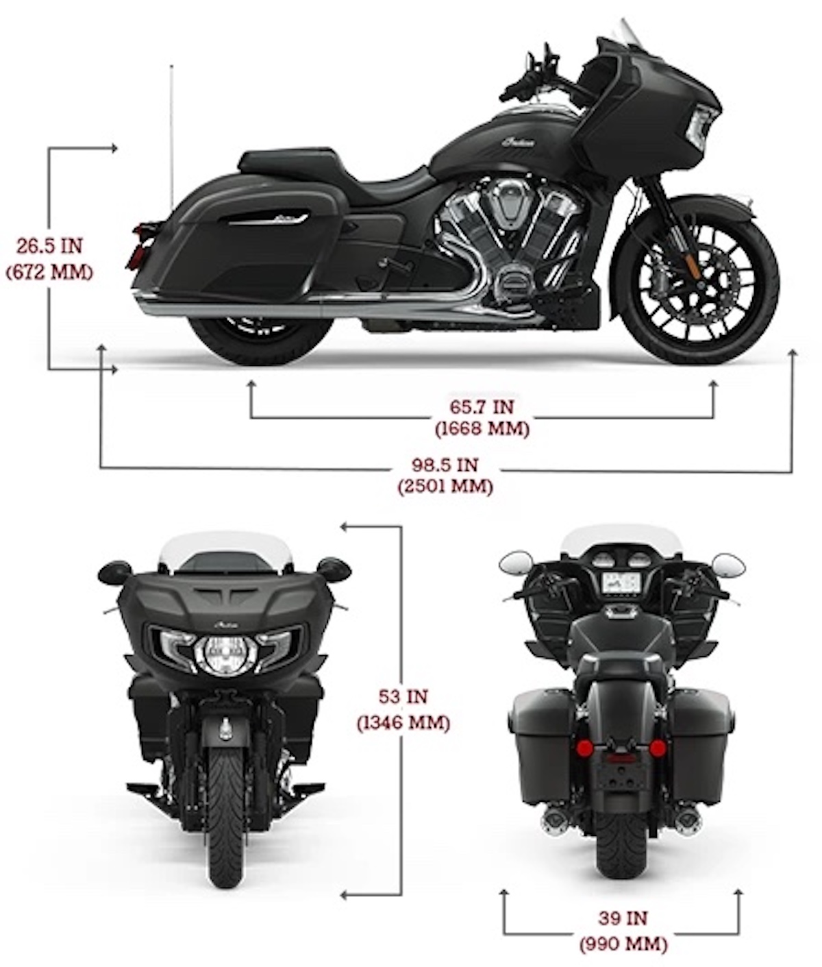 A view of the Indian Challenger: side, front and back views