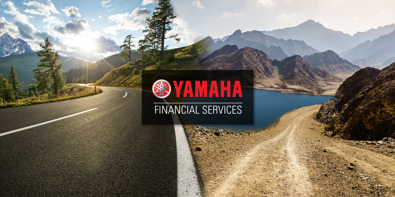 A view of the Yamaha Financial Services advert from their website depicting a road in green verdure, set against a desert, first-filled road on the right