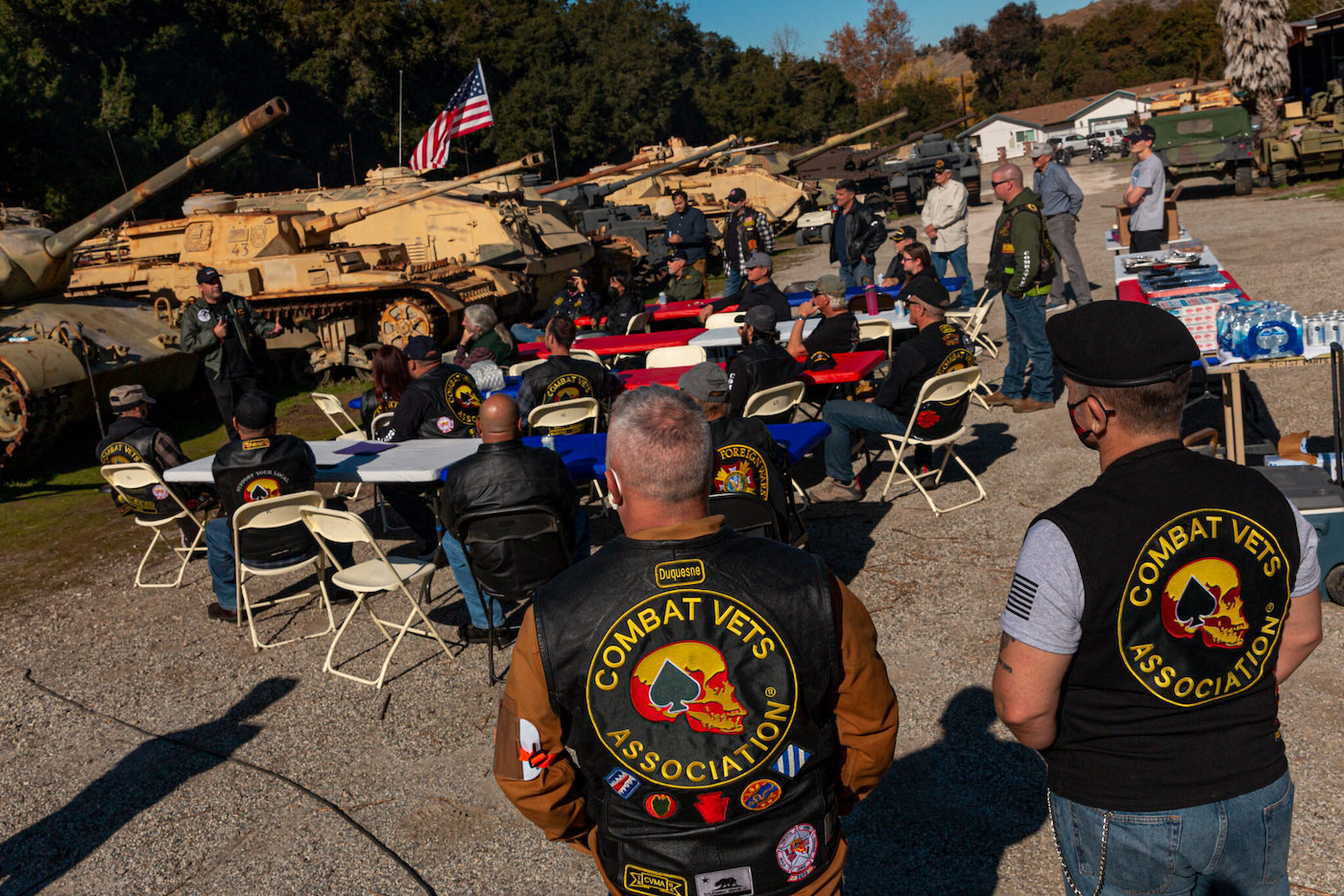 A view of motorcycle riders that attend a complimentary lunch and tour of heritage army vehicles in commemoration of their service to our country