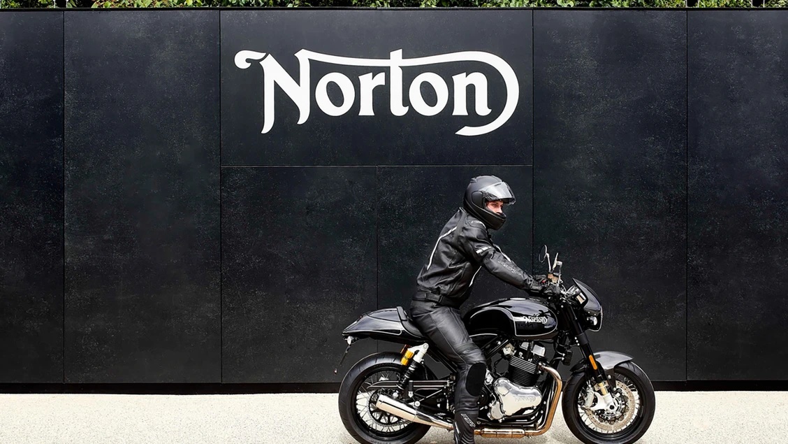 A view of Stuart Garner with his machines that he created with Norton Motorcycles