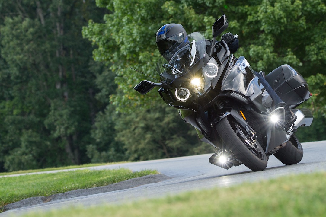 A side view of a 2019 BMW K 1600 GT on the road