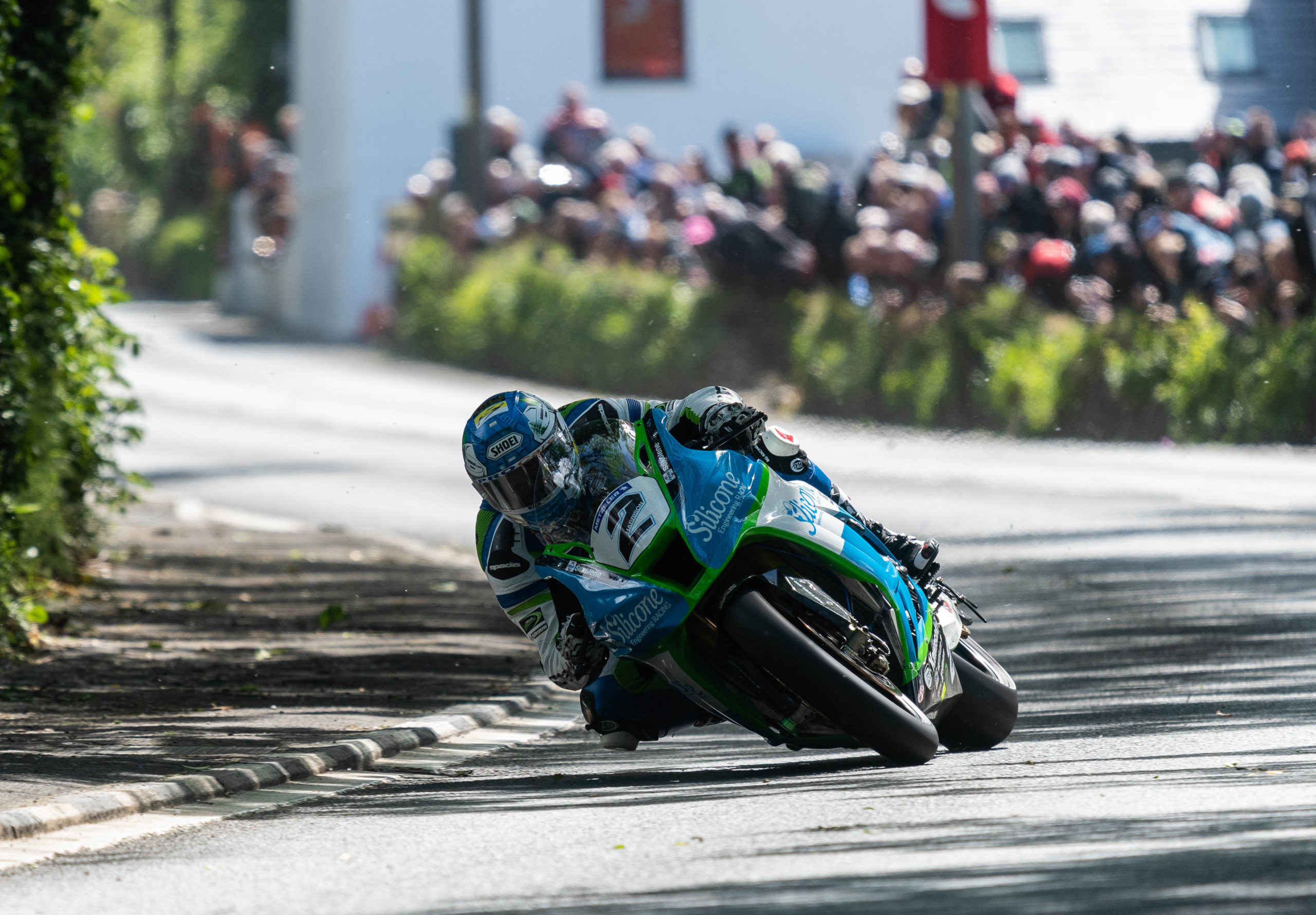 Dean Harrison on his Silicone Engineering Racing Kawasaki at Gorse Lee during the Superbike race at TT2019.
