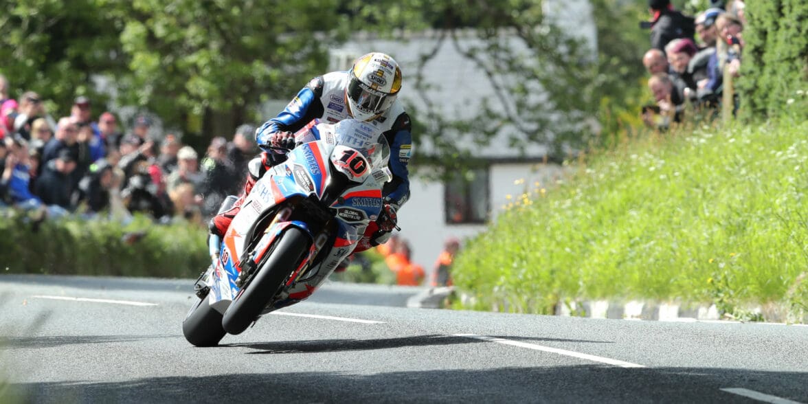 Peter Hickman on his Smiths Racing BMW at Barregarrow during the RST Superbike TT race.