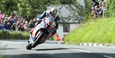 Peter Hickman on his Smiths Racing BMW at Barregarrow during the RST Superbike TT race.