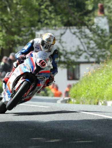 Peter Hickman on his Smiths Racing BMW at Barregarrow during the RST Superbike TT race.