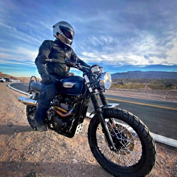 Ruroc Atlas 4.0 Helmet worn by author riding Triumph Scrambler