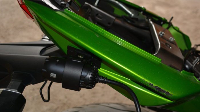 Thinkware M1 camera mounted on the back bumper of the motorcycle