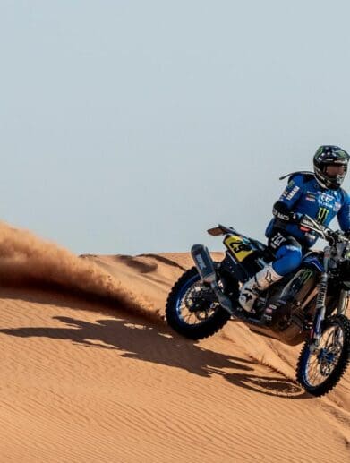Adrien Van Beveren aboard the Monster Energy Factory Yamaha at the 2022 Dakar Rally