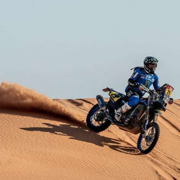 Adrien Van Beveren aboard the Monster Energy Factory Yamaha at the 2022 Dakar Rally