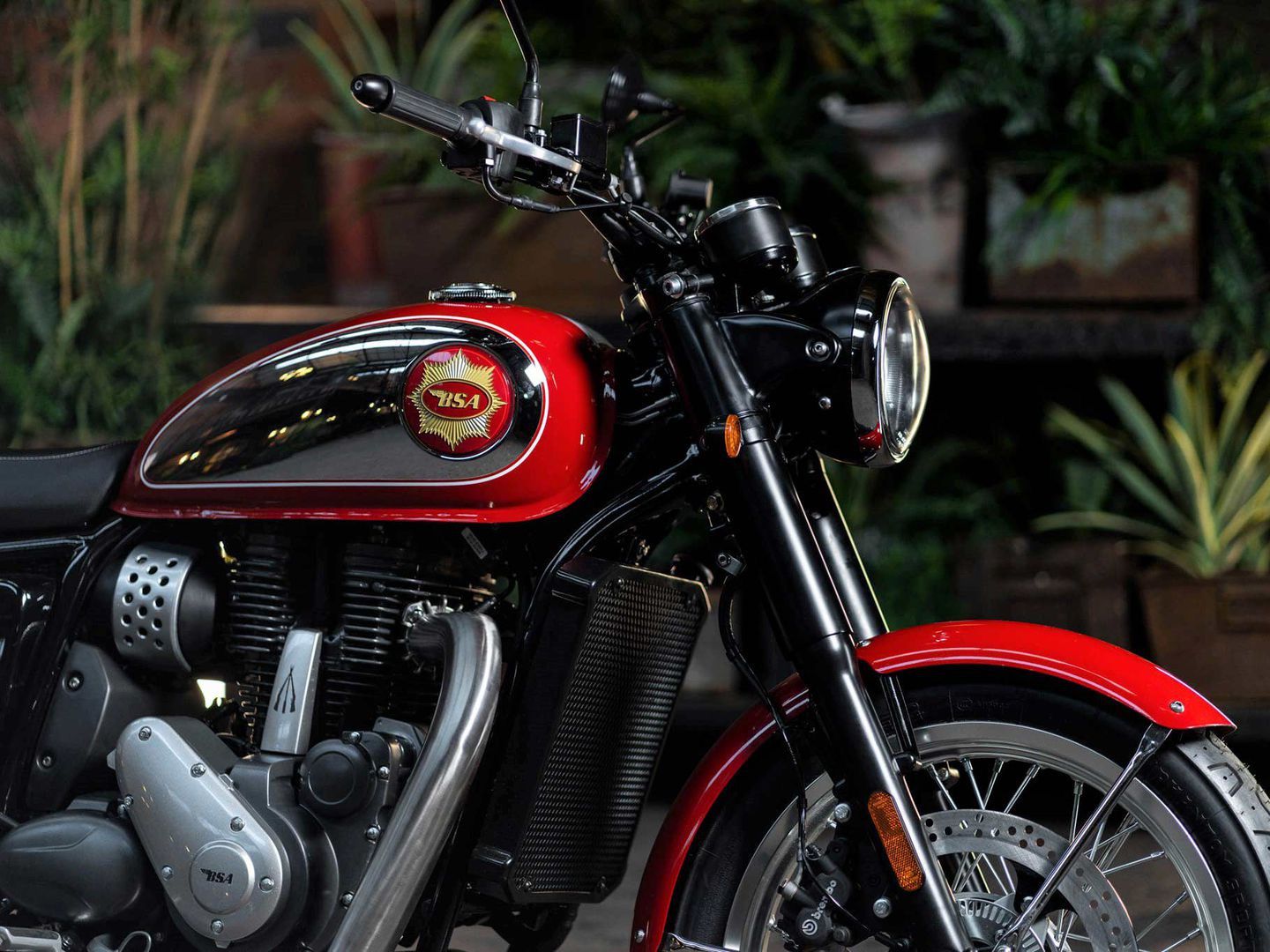 A detail shot of the new 2022 BSA Gold Star 650 single motorcycle indoors at the company's headquarters in the UK