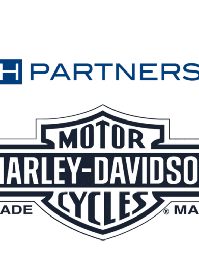 A view o f the logos for Harley-Davidson and H Partners