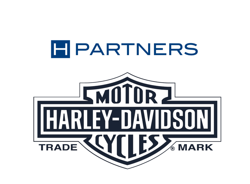 A view o f the logos for Harley-Davidson and H Partners