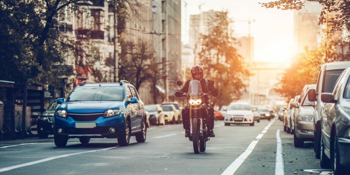 A view of motorcyclists lane splitting