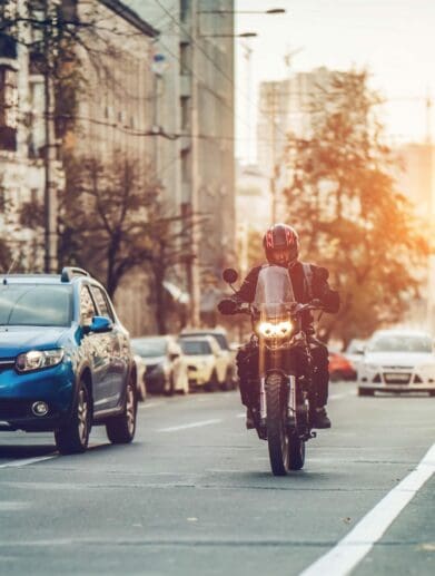 A view of motorcyclists lane splitting