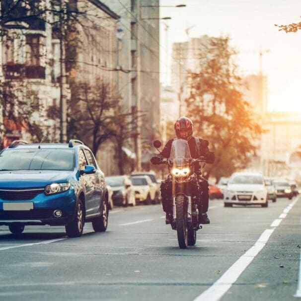 A view of motorcyclists lane splitting