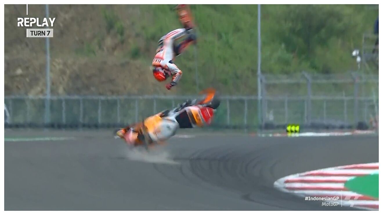 A view of Marc Marquez at the warmup session on Sunday, enduring a horrific crash that was partially responsible for the racer's return of diplopia symptoms