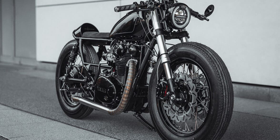 a 1979 Yammie XS650 from custom bike shop Motocrew that features a long, blacked out aesthetic