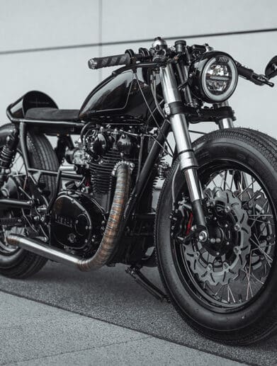 a 1979 Yammie XS650 from custom bike shop Motocrew that features a long, blacked out aesthetic