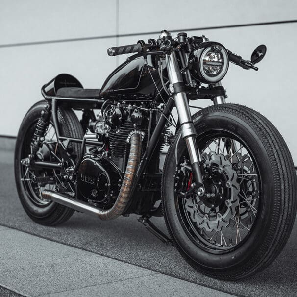 a 1979 Yammie XS650 from custom bike shop Motocrew that features a long, blacked out aesthetic