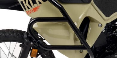 A view of the all-new R&G crash protection kit available for the KLR 650 offered by Kawasaki