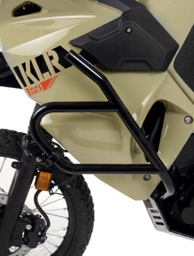 A view of the all-new R&G crash protection kit available for the KLR 650 offered by Kawasaki
