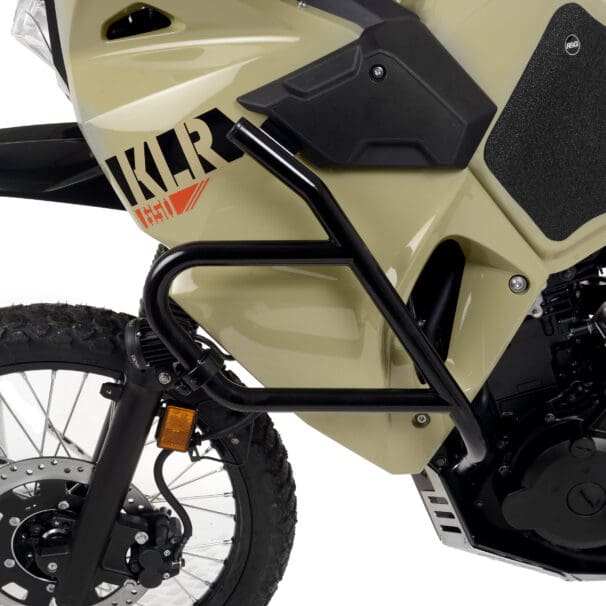 A view of the all-new R&G crash protection kit available for the KLR 650 offered by Kawasaki