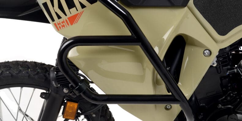 A view of the all-new R&G crash protection kit available for the KLR 650 offered by Kawasaki