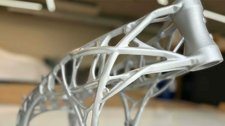 A view of the new 3D-printed motorcycle frame that the University of Nerija, based out of Spain, has just put together