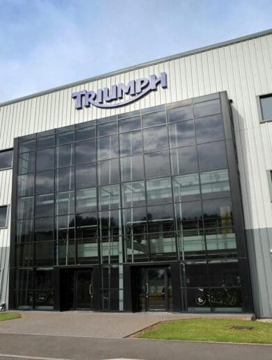 A view of Triumph Hinckley headquarters, as well as triumph machines