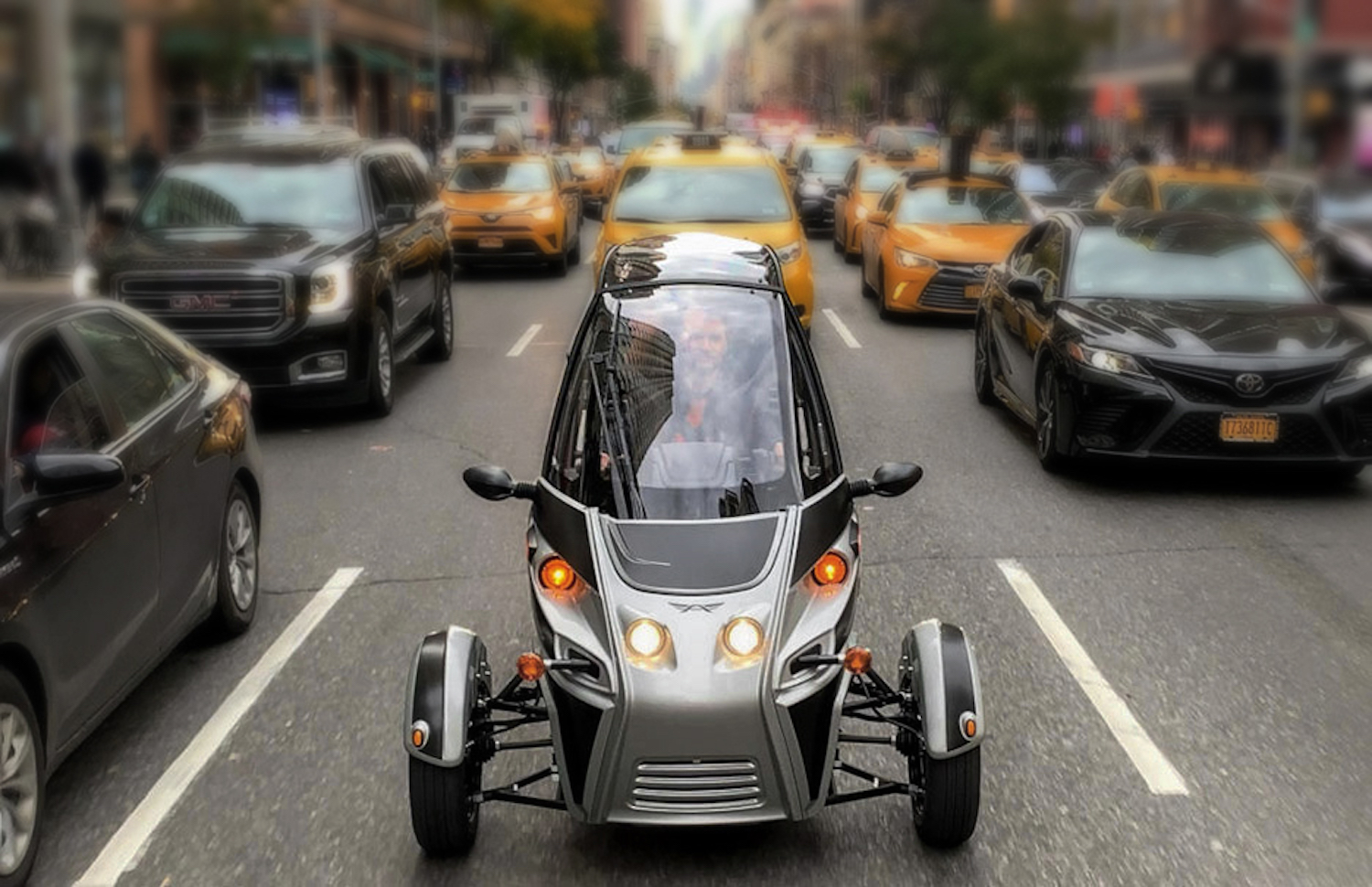 A view of the three-wheeled vehicles owned by Arcimoto Inc.