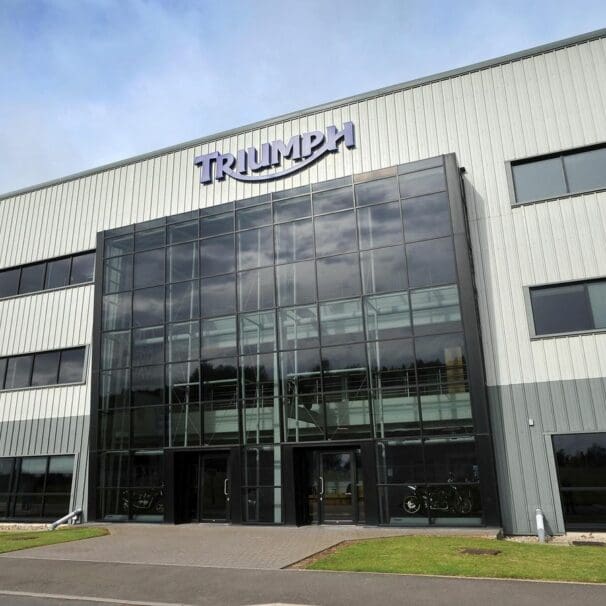 A view of Triumph Hinckley headquarters, as well as triumph machines