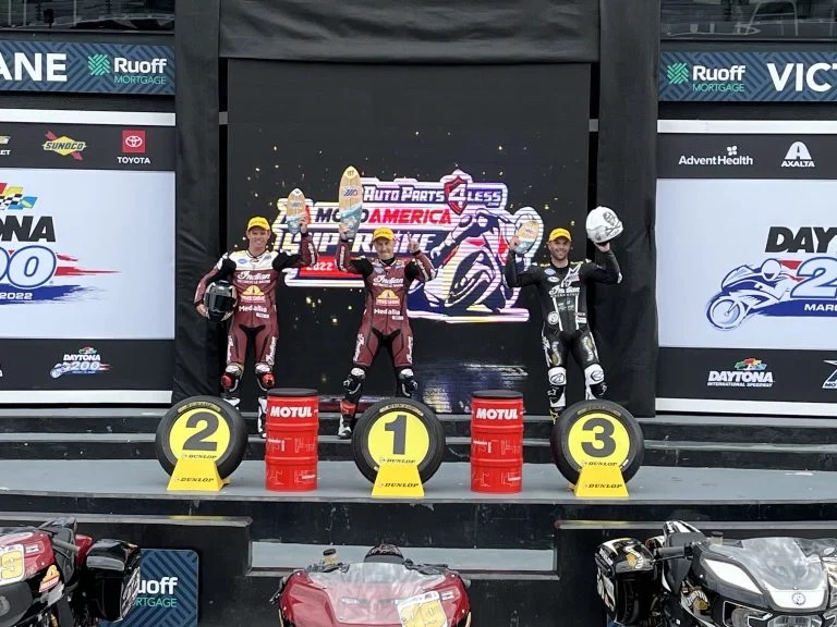 A view of the winning team of Indian Motorcycles at the Daytona KOTB and AFT classes