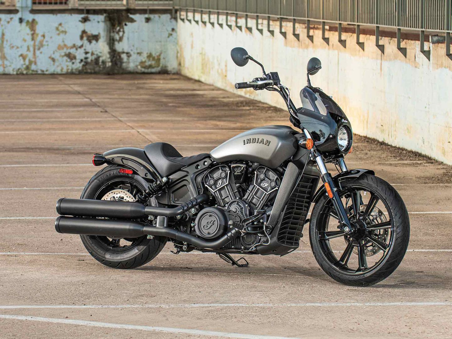 A view of METZELER tyres on the 202 Indian Scout Rogue and Scout Rogue Sixty