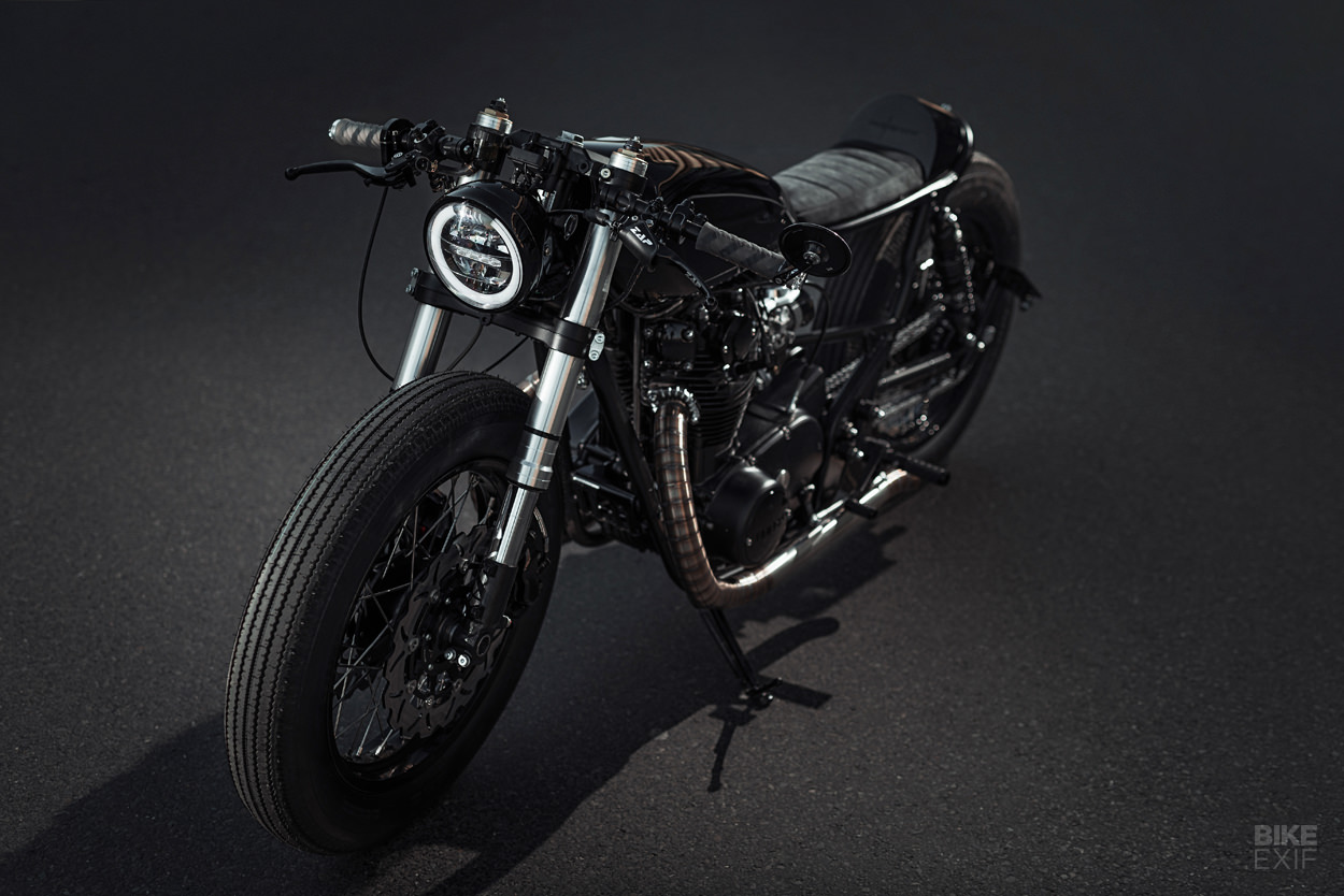 a 1979 Yammie XS650 from custom bike shop Motocrew that features a long, blacked out aesthetic