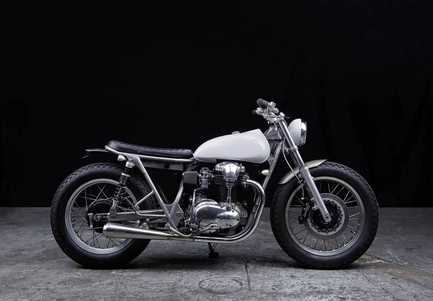 A view of the custom The Kawasaki W650 ‘Skin Milk’, Courtesy of Bad Winners