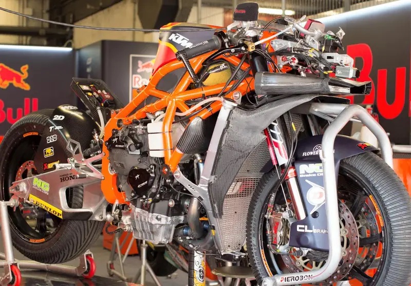 KTM's MotoGP bikes, complete with the 3D-printed frame they've become known for 