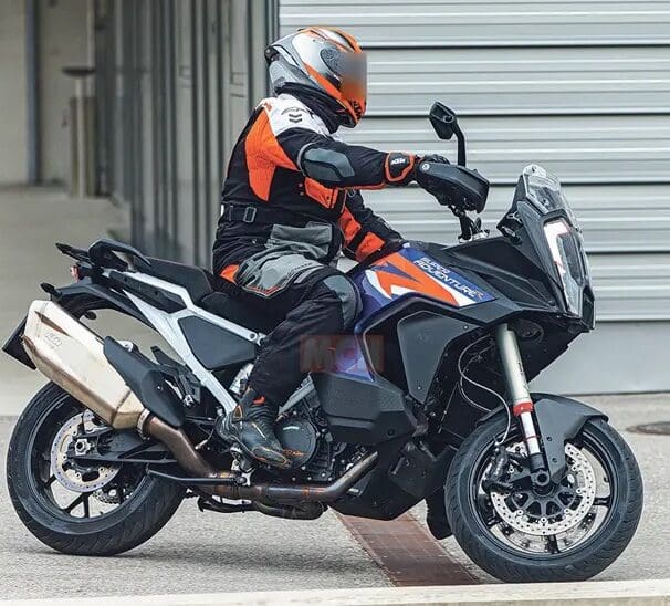 A view of the KTM Super Adventure being taken for a scoot about the block with road-going tires, Ducati Pike Peak style.