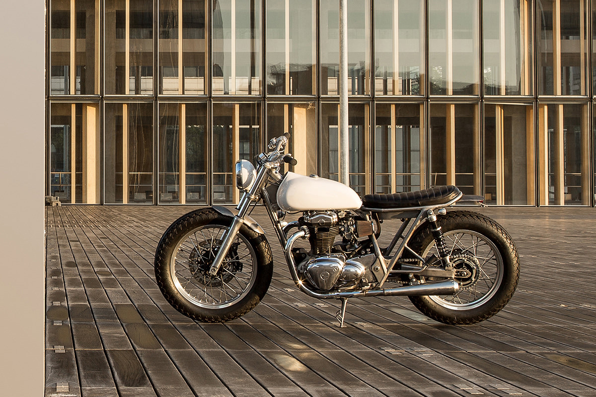 A view of the custom The Kawasaki W650 ‘Skin Milk’, Courtesy of Bad Winners