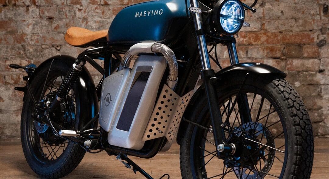 A view of the Meaning RM1 Electric Boardtracker motorcycle, complete with swappable batteries